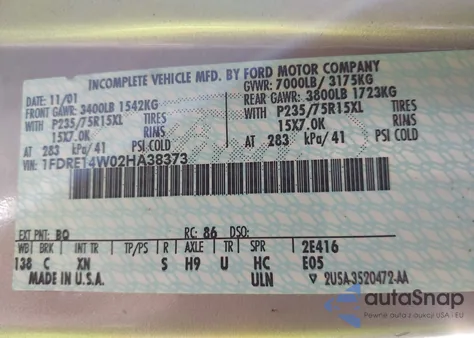 2002 Ford E-150 Commercial/Recreational from USA, damaged, VIN 1FDRE14W02HA38373